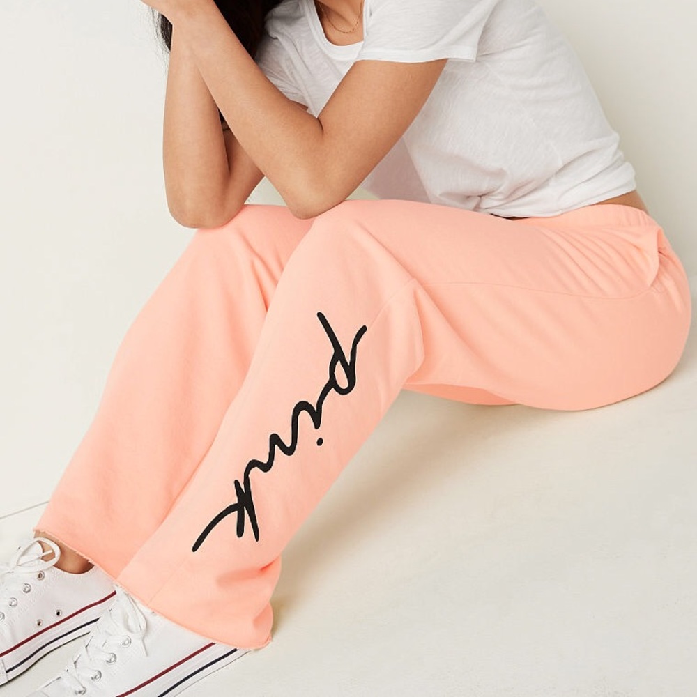 💗VS PINK PEACH BLACK SCRIPT LOGO BOYFRIEND PANTS